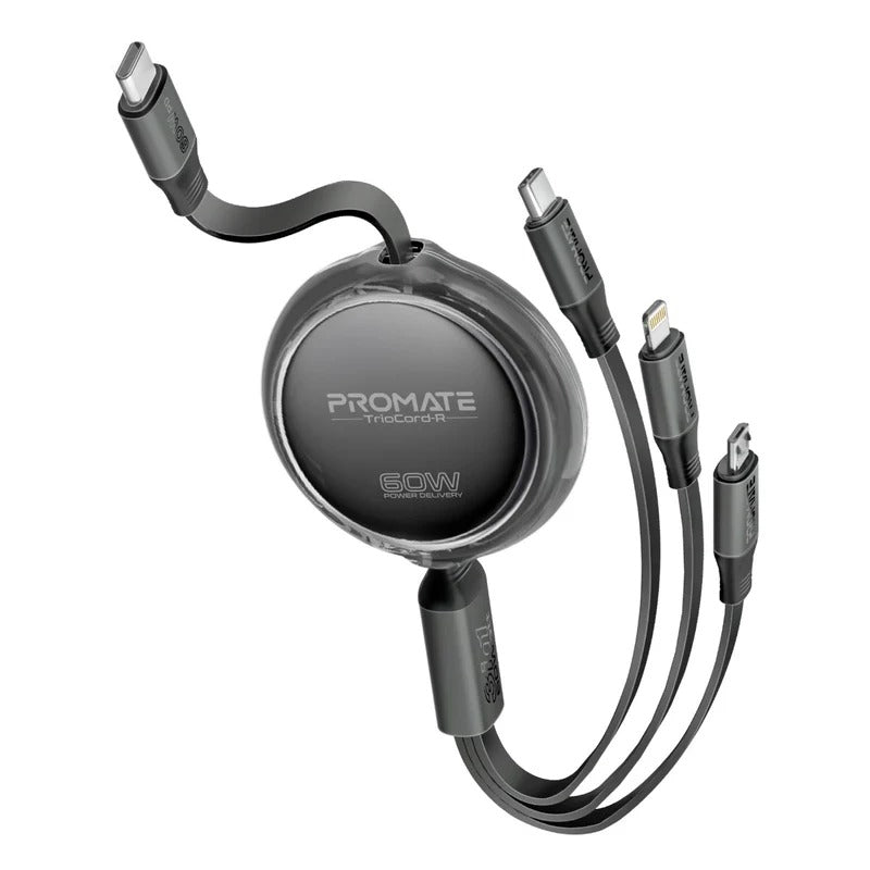 Promate TrioCord-R 3-in-1 Ultra-Fast Retractable Multi-Connector Cable - Black